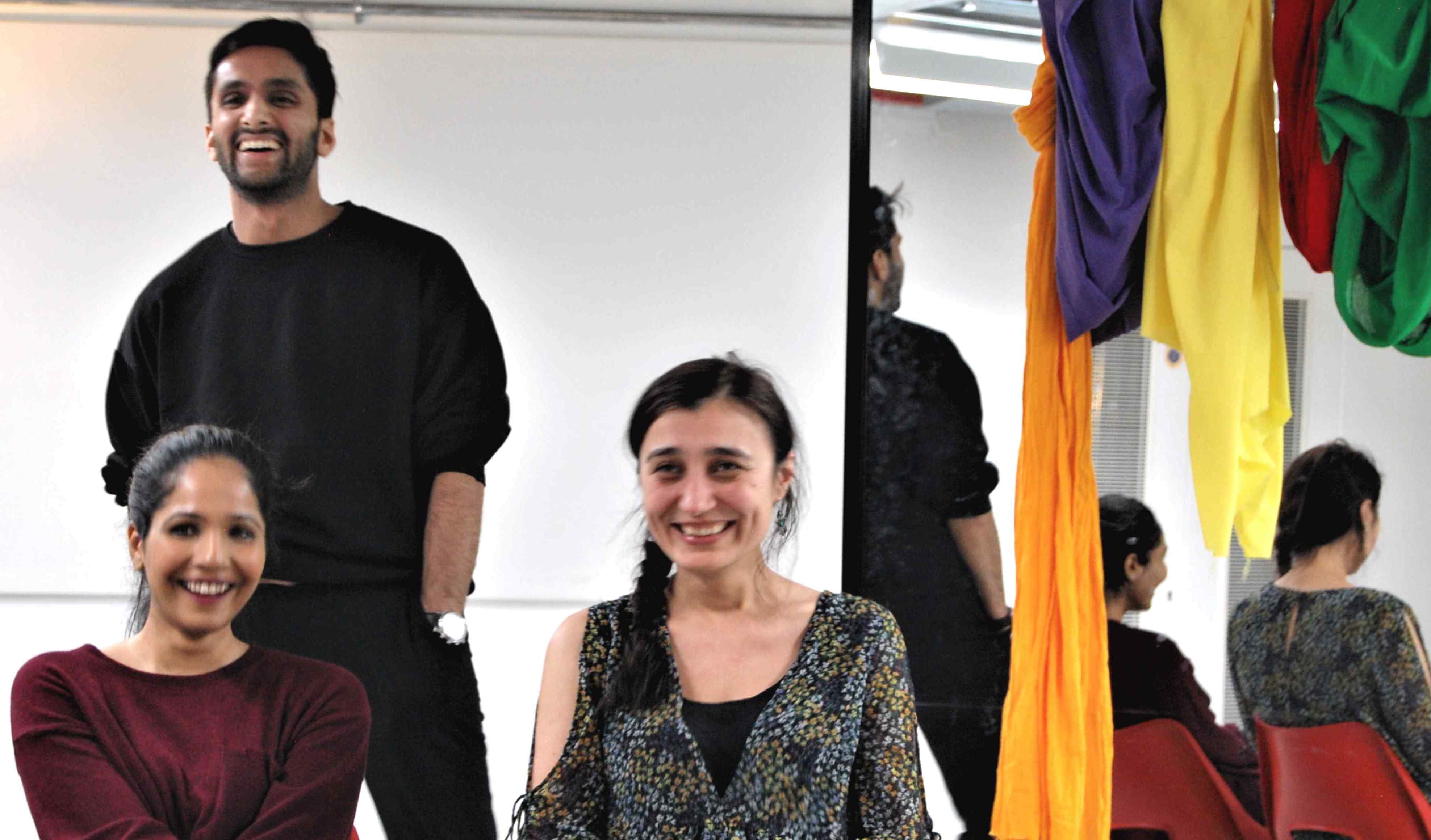Imprology improv workshop, London 2016, two woman siting, one man standing